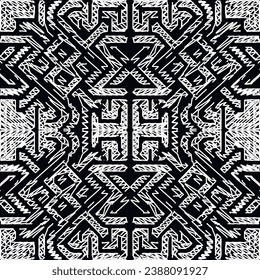 Líneas de doodle a la moda, zigzag y rayado de calamares de dibujo abstracto en blanco y negro sin fisuras. Hermoso fondo de doodles ornamentales modernos. Zig zag hace cola y eclipsa ornamentos étnicos tribales.