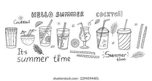 Trendy doodle set with cocktails collection, alcoholic and non-alcoholic summer drinks with ice cubes, fruits, drinking straws and text.  Great for bar menu design, packaging, banners. EPS10