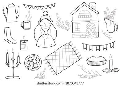 Trendy doodle set with winter home. Cozy home set for coloring pages. Hand drawn outline art.