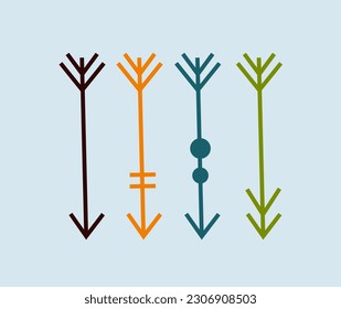 Trendy doodle stickers. Set of simple linear icons with sharp arrows for shooting. Abstract colorful pointers. Freehand matisse art style. Cartoon flat vector illustration on blue background