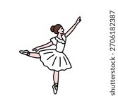 Trendy doodle style icon of dancing ballerina. Ballet dancer. Girl in white tutu dress, in choreographic position. Isolated vector illustration