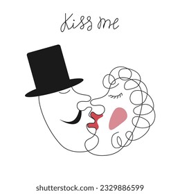 Trendy Doodle woman and man Kissing head silhouette. Hand Drawn card with First Kiss. Simple black outline Kissing person. Vector Art. 