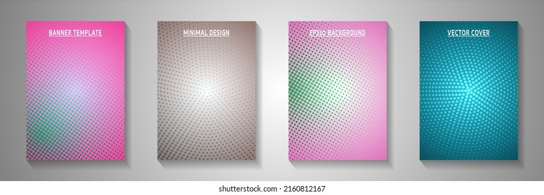 Trendy dot perforated halftone cover templates vector series. Business brochure faded halftone patterns. Retro manga comics style cover page leaflets. Rectangle albums.