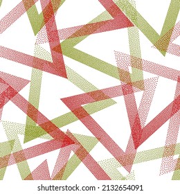 Trendy dotwork triangles vector seamless pattern. Geometric endless background with dots texture. Gradient triangles of halftone dots seamless ornament. Fabric print.
