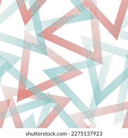 Trendy dotwork triangles vector seamless pattern. Geometric infinite background with dots texture. Gradient triangles of halftone dots seamless ornament. Textile print.