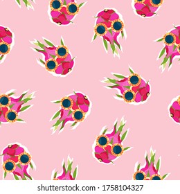 Trendy dragon fruit pink pattern. Pink dragonfruit wearing sunglasses. Cool summer background design. Seasonal fruit design. Seamless pattern design for web and print.