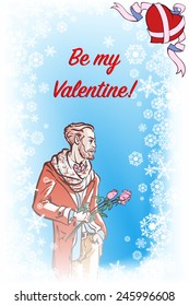 Trendy dressed young man with a bunch of roses waiting for his loved one. Blue background with snowflakes and decorative red heart. St. Valentine's day greeting card. EPS10 vector illustration.