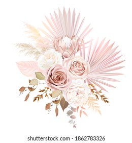 Trendy dried and colored tropical vector bouquet. Wedding blush pink, mauve rose, white orchid, hydrangea, monstera, exotic leaves. Beige and gold pastel composition.Elements are isolated and editable