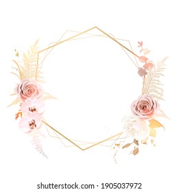 Trendy dried fern leaves, blush pink rose, pale orchid, white ranunculus, pampas grass vector wedding frame. Trendy flower. Beige, gold glitter, brown, rust, taupe. Elements are isolated and editable