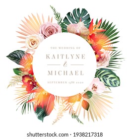 Trendy dried and green palm leaves, pale rose, exotic orchid, strelitzia, monstera, fern vector wedding round banner. Trendy flower. Beige, gold, rust, sunset. Elements are isolated and editable