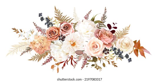 Trendy dried leaves, blush pink rose, white peony and dahlia,  hydrangea, astilbe, pampas grass vector wedding bouquet. Trendy flowers. Beige, gold, brown, rust.Elements are isolated and editable