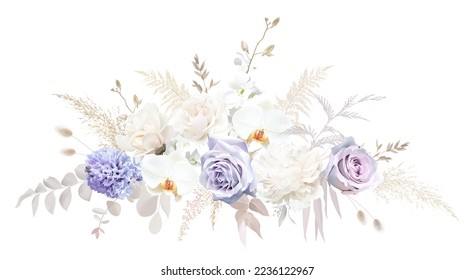 Trendy dried leaves, purple mauve pale rose, white orchid, violet rose, hyacinth, pampas grass vector design wedding bouquet. Trendy watercolor style flowers. Elements are isolated and editable