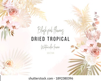 hojas de palma secas a la moda, rosa rosa rosado y marfil, protea pálida, orquídea blanca, monstera dorada, pancarta de boda vectorial pampas. Flor de moda. Beige, marrón, óxido. Los elementos están aislados y se pueden editar