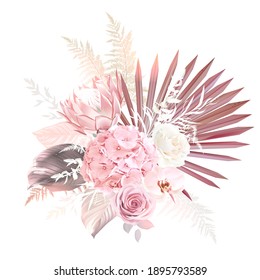 Trendy dried palm leaves, blush pink, white rose, pale protea, orchid, hydrangea, pampas grass vector design wedding bouquet. Dry flowers. Beige, pink, brown, taupe.Elements are isolated and editable
