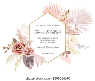 Trendy dried palm leaves, blush pink and rust rose, pale protea, white ranunculus, pampas grass vector wedding frame. Trendy flower. Beige, gold, brown, rust, taupe.Elements are isolated and editable