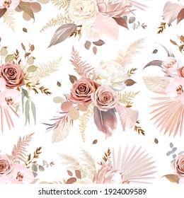 Trendy dried palm leaves, blush pink and rust rose, pale protea, white ranunculus, pampas grass vector design pattern.Trendy flower. Beige, gold, brown, rust, taupe.Elements are isolated and editable