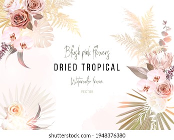 Trendy dried palm leaves, blush pink and rust rose, pale protea, white orchid, gold monstera, pampas grass vector wedding banner. Trendy flower. Beige, brown, rust. Elements are isolated and editable