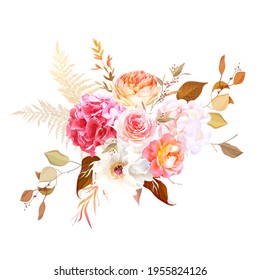 Trendy dried palm leaves, blush pink rose, orange ranunculus, white hydrangea, pampas grass vector design wedding bouquet. Trendy flowers. Beige, gold, peach, rust. Elements are isolated and editable