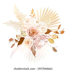 Trendy dried palm leaves, blush pink rose, pale protea, white ranunculus, pampas grass vector design wedding bouquet. Trendy flowers. Beige, gold, brown, rust, taupe.Elements are isolated and editable