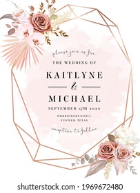 Trendy dried palm leaves, blush pink and rust rose, pale peony, white orchid, pampas grass vector wedding banner. Trendy flower. Beige, gold, brown, rust, taupe.Elements are isolated and editable