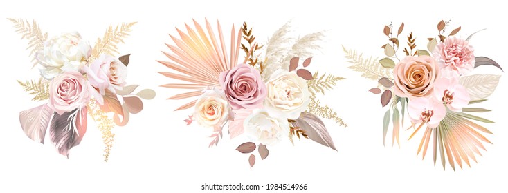 Trendy dried palm leaves, blush pink and rust rose, pale protea, white ranunculus, pampas grass vector design bouquets.Trendy flowers.Beige, gold, brown, rust, taupe.Elements are isolated and editable