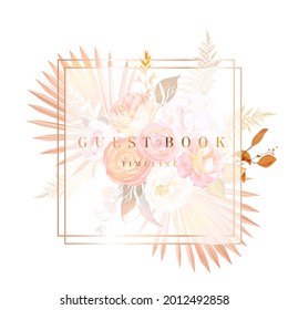 Trendy dried palm leaves, blush pink rose, orange ranunculus, white hydrangea, pampas grass vector design wedding frame. Trendy flowers. Beige, gold, peach, rust. Elements are isolated and editable