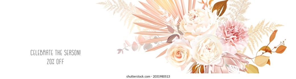 Trendy dried palm leaves, blush pink and rust rose, pale protea, white peony, ranunculus, carnation, pampas grass vector wedding banner. Beige, gold, rust, taupe. Elements are isolated and editable