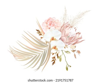 Trendy dried palm leaves, blush pink hydrangea, pale protea, white orchid, pampas grass vector design wedding bouquet. Trendy flowers. Beige, gold, brown, taupe. Elements are isolated and editable