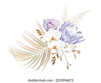 Trendy dried palm leaves, purple mauve pale protea, white orchid, violet rose, pampas grass vector design wedding bouquet. Trendy flowers. Beige, gold, brown, taupe. Elements are isolated and editable