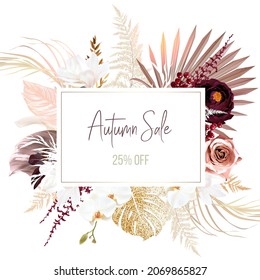 Trendy dried palm leaves, white magnolia, orchid, dark burgundy ranunculus, pampas grass, gold monstera, fern, white ruscus vector banner.Trendy flower.Beige, brown, rust, taupe. Isolated and editable