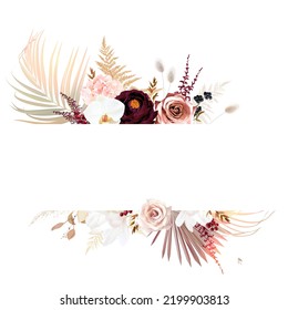 hojas de palmera secas, flor de magnolia blanca, orquídea, ranunculus burdeos oscuro, pasto pampas, berry roja caída, marco vectorial de helecho. Decoración de otoño. Beige, marrón, roya, taupe. Aislado y editable