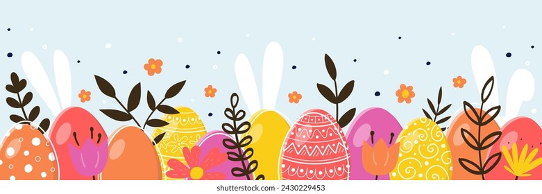 Trendy Easter banner. Design of a background with rabbits, eggs and flowers. Vector illustration
