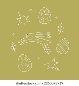 Trendy easter banner, poster, greeting card with minimalistyc design bunny and decorated easter eggs. Modern minimal style 