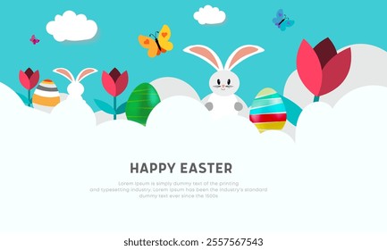 Trendy Easter card, bunny rabbit, white clouds, eggs flowers,butterfly, spring background Vector illustration