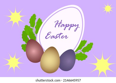 Trendy Easter card design for happy Easter with multicolored Easter eggs and green plants on light purple background. 
