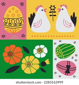 Trendy Easter card. Eggs, flowers, chicks on sectioned Easter poster. Hand drawn vector illustration