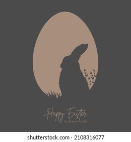 Trendy Easter card with silhouette of hare in the shape of big egg, cute Easter egg with bunny on grass template