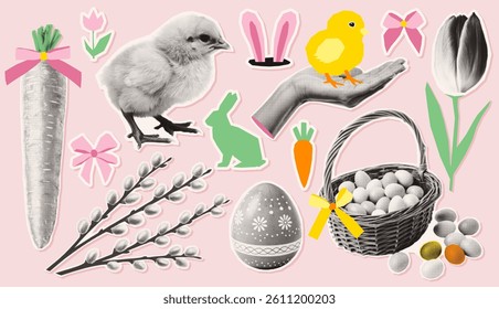 Trendy Easter collage in halftone style. Chicks, eggs, bunnies, tulips, pussy willow branch, carrot. Perfect for holiday cards, scrapbooking, stickers, and creative springtime designs.