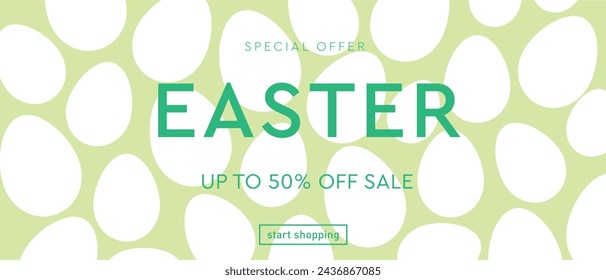 Trendy Ostern Design für Werbung, Web, Social Media, Poster, Banner, Cover. Moderne Vektor-Illustration mit weißen Eiern. Sale Angebot 50%. 3D Geometrische Hintergrund Art 90s.