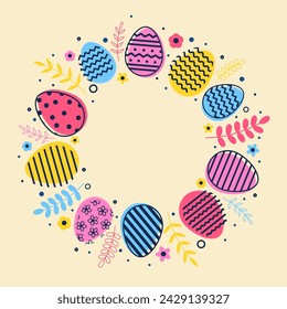 Trendy Easter design with colourful eggs. Modern minimal style background. Layout of a greeting card.  Vector illustration