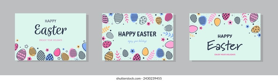 Trendy Easter design with colourful eggs. Modern minimal style. Layout of a greeting cards set.  Vector illustration