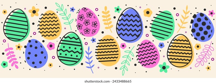Trendy Easter design with colourful eggs. Modern minimal style banner. Vector illustration