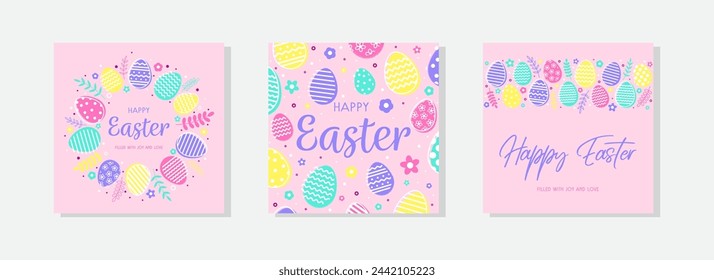 Trendiges Osterdesign mit bunten Eiern. Moderner Minimalstil. Layout eines Grußkartensatzes.  Vektorgrafik