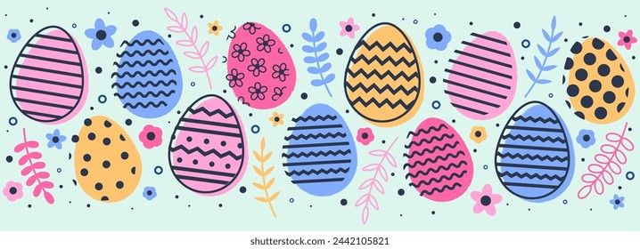 Trendy Easter design with colourful eggs. Modern minimal style banner. Vector illustration