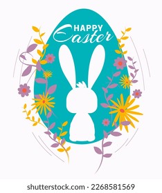 Diseño de moda de Pascua con letras, conejito, flores, orejas de conejo en colores pastel. Cartel feliz de Pascua, afiche, tarjeta de saludo. Diseño minimalista moderno de Pascua al estilo de las caricaturas. Riqueza, símbolo de religión.