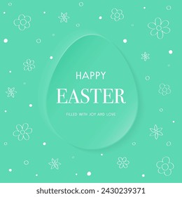 Trendy Easter design with a paper cut egg and hand drawn flowers. Modern minimal style greeting card. Vector illustration