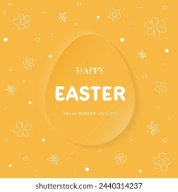 Trendy Easter design with a paper cut egg and hand drawn flowers. Modern minimal style greeting card. Vector illustration