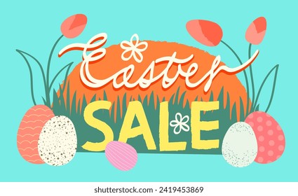 Trendy Easter design with typography, hand painted elements. Modern abstract style. Banner, flyer, design element for web and merchandise.