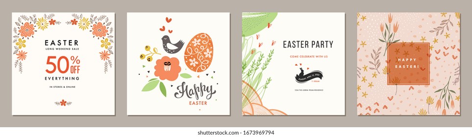 Trendy Easter floral square templates. Suitable for social media posts, mobile apps, cards, invitations, banners design and web/internet ads. Vector illustration.