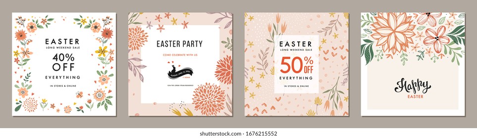 Trendy Easter floral square templates. Suitable for social media posts, mobile apps, cards, invitations, banners design and web/internet ads. Vector illustration. - Shutterstock ID 1676215552
